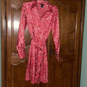 Red Print silky shirt dress with sash/tie